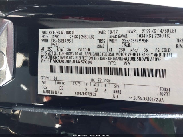 Aukcja sprzedaży 2018 Ford Escape Titanium, vin: 1FMCU0J99JUA57088, numer aukcji: 45170877
