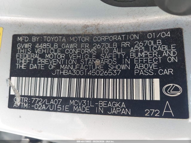 Aukcja sprzedaży 2004 Lexus Es 330, vin: JTHBA30G145026537, numer aukcji: 45170882