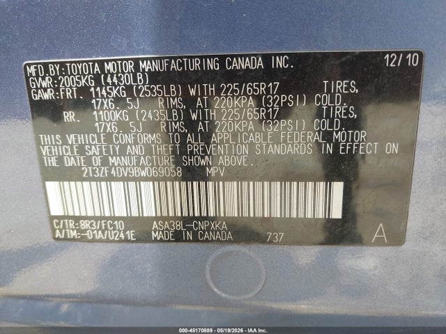 Продажа на аукционе авто 2011 Toyota Rav4, vin: 2T3ZF4DV9BW069058, номер лота: 45170889