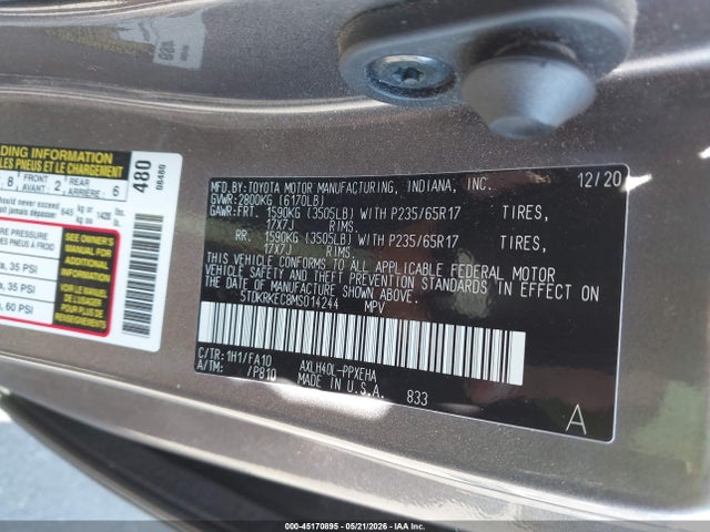Aukcja sprzedaży 2021 Toyota Sienna Le, vin: 5TDKRKEC8MS014244, numer aukcji: 45170895