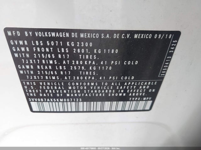 Продажа на аукционе авто 2019 Volkswagen Tiguan 2.0t S, vin: 3VV0B7AX5KM007123, номер лота: 45170905