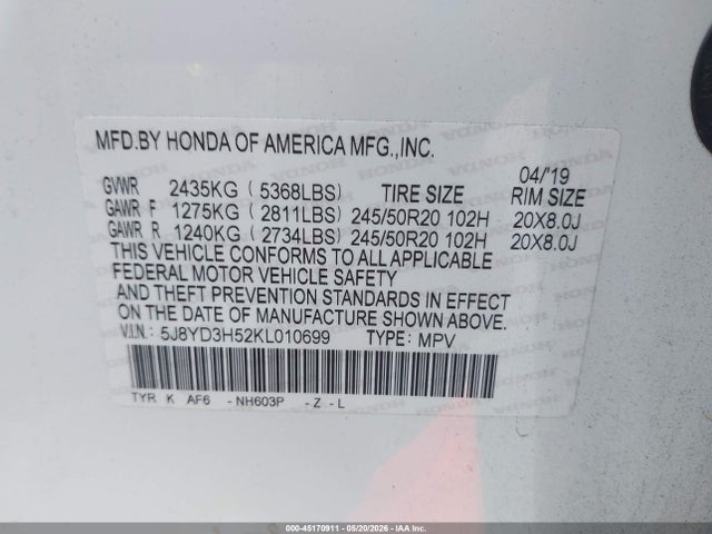 Продаж на аукціоні авто 2019 Acura Mdx Tech Pkg, vin: 5J8YD3H52KL010699, номер лоту: 45170911