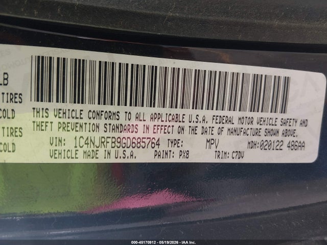 2016 Jeep Patriot Latitude მანქანა იყიდება აუქციონზე, vin: 1C4NJRFB9GD685764, აუქციონის ნომერი: 45170912