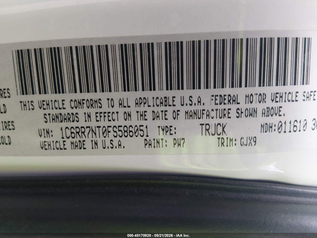 45170920 :رقم المزاد ، 1C6RR7NT0FS586051 vin ، 2015 Ram 1500 Laramie مزاد بيع
