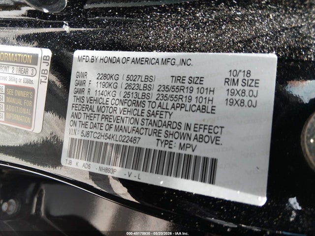Aukcja sprzedaży 2019 Acura Rdx Technology Package, vin: 5J8TC2H54KL022487, numer aukcji: 45170930