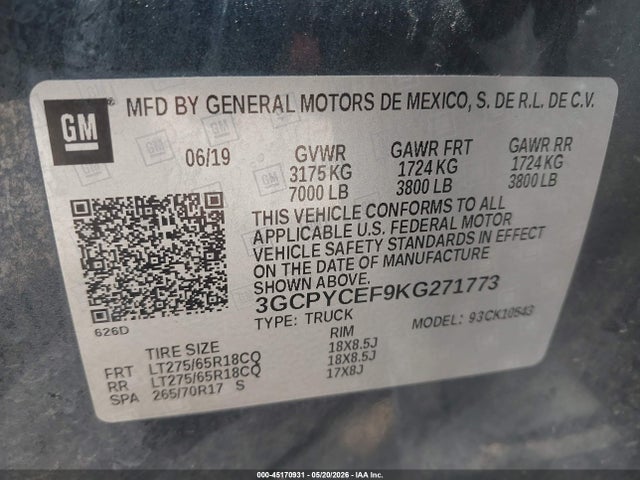 Продажа на аукционе авто 2019 Chevrolet Silverado 1500 Custom Trail Boss, vin: 3GCPYCEF9KG271773, номер лота: 45170931