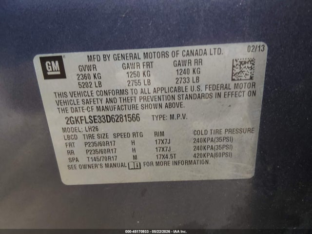 Aukcja sprzedaży 2013 Gmc Terrain Sle-2, vin: 2GKFLSE33D6281566, numer aukcji: 45170933
