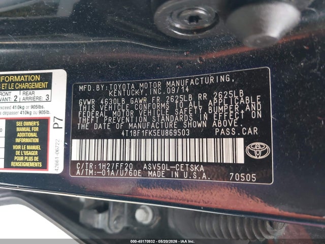 2014 Toyota Camry Se მანქანა იყიდება აუქციონზე, vin: 4T1BF1FK5EU869503, აუქციონის ნომერი: 45170932