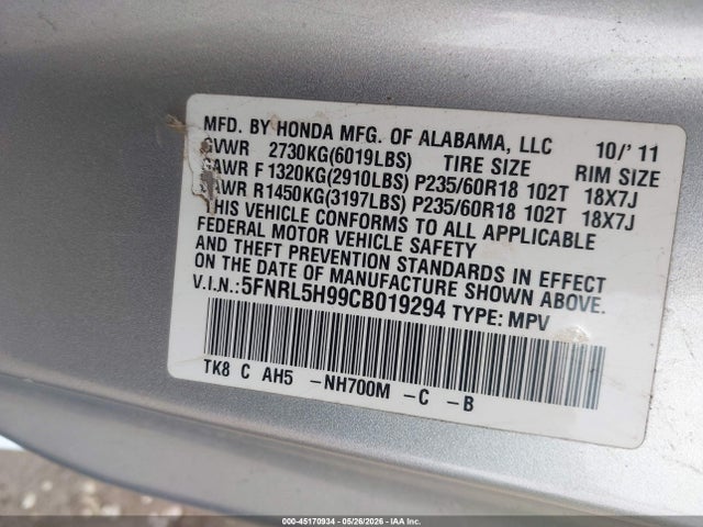 Продаж на аукціоні авто 2012 Honda Odyssey Touring/touring Elite, vin: 5FNRL5H99CB019294, номер лоту: 45170934