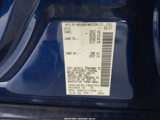 Aukcja sprzedaży 2017 Nissan Altima 2.5 Sr, vin: 1N4AL3AP3HC280702, numer aukcji: 45170939