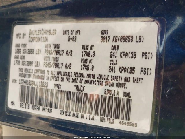 45170948 :رقم المزاد ، 1D7HA18D34J115923 vin ، 2004 Dodge Ram 1500 Slt/laramie مزاد بيع