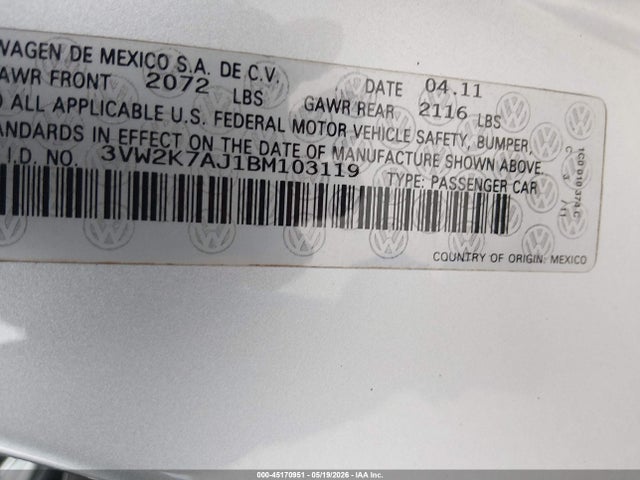 Aukcja sprzedaży 2011 Volkswagen Jetta 2.0l S, vin: 3VW2K7AJ1BM103119, numer aukcji: 45170951