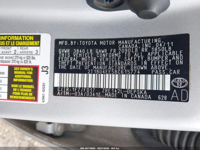 Aukcja sprzedaży 2011 Toyota Corolla S, vin: 2T1BU4EE5BC615774, numer aukcji: 45170955