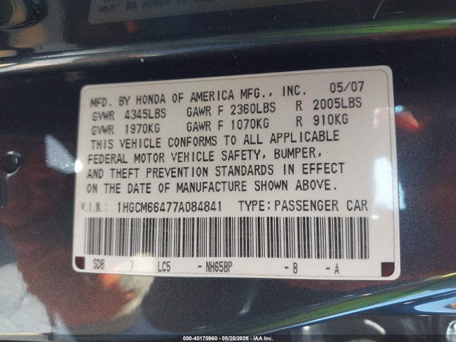 Aukcja sprzedaży 2007 Honda Accord 3.0 Se, vin: 1HGCM66477A084841, numer aukcji: 45170960