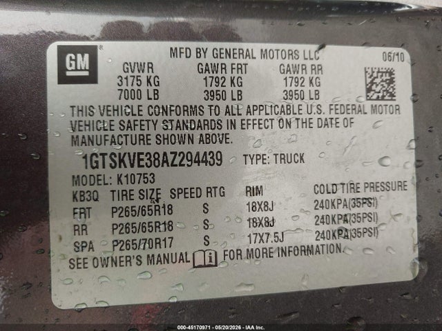 Aukcja sprzedaży 2010 Gmc Sierra 1500 Sle, vin: 1GTSKVE38AZ294439, numer aukcji: 45170971