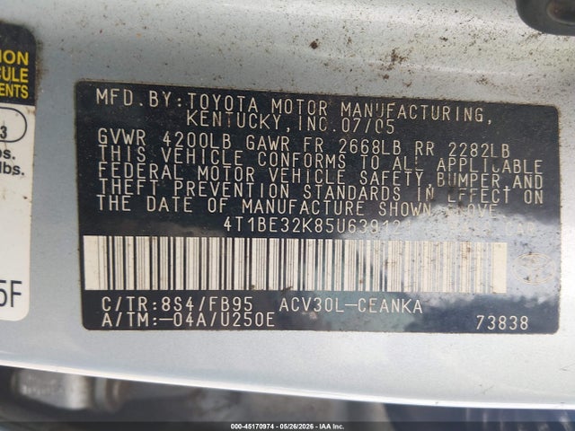 2005 Toyota Camry Le მანქანა იყიდება აუქციონზე, vin: 4T1BE32K85U639121, აუქციონის ნომერი: 45170974