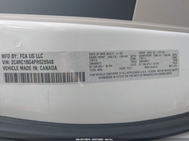 45170976 :رقم المزاد ، 2C4RC1BG4PR628948 vin ، 2023 Chrysler Pacifica Touring L مزاد بيع