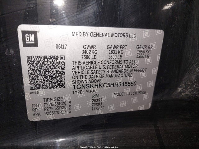 45170980 :رقم المزاد ، 1GNSKHKC5HR345550 vin ، 2017 Chevrolet Suburban Lt مزاد بيع