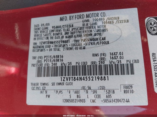 Продаж на аукціоні авто 2005 Ford Mustang, vin: 1ZVFT84N455219881, номер лоту: 45170982