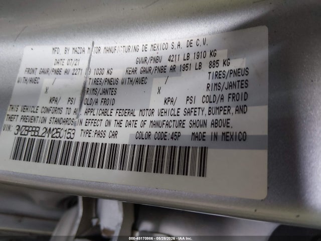 Продажа на аукционе авто 2021 Mazda Mazda3 Select, vin: 3MZBPBBL2MM250153, номер лота: 45170986