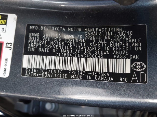 Продаж на аукціоні авто 2010 Toyota Corolla S, vin: 2T1BU4EE0AC496045, номер лоту: 45170996