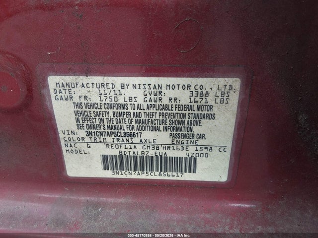45170998 :رقم المزاد ، 3N1CN7AP5CL856617 vin ، 2012 Nissan Versa 1.6 Sv مزاد بيع