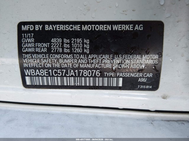 45171000 :رقم المزاد ، WBA8E1C57JA178076 vin ، 2018 Bmw 330e Iperformance مزاد بيع