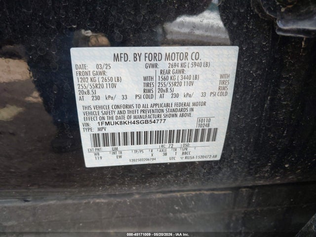 Aukcja sprzedaży 2025 Ford Explorer St-line, vin: 1FMUK8KH4SGB54777, numer aukcji: 45171009