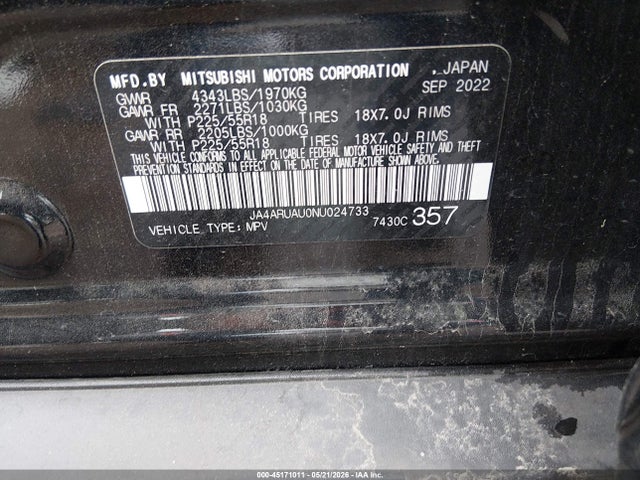 45171011 :رقم المزاد ، JA4ARUAU0NU024733 vin ، 2022 Mitsubishi Outlander Sport 2.0 Be Awc/2.0 Es Awc/2.0 Le Awc/2.0 Se Awc/2.0 Se Special Edition Awc مزاد بيع