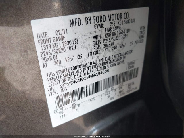 45171014 :رقم المزاد ، 2FMDK4KC3BBA94608 vin ، 2011 Ford Edge Limited مزاد بيع