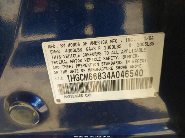 2004 Honda Accord 3.0 Ex მანქანა იყიდება აუქციონზე, vin: 1HGCM66834A046540, აუქციონის ნომერი: 45171015