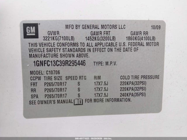2009 Chevrolet Tahoe Ls მანქანა იყიდება აუქციონზე, vin: 1GNFC13C39R295446, აუქციონის ნომერი: 45171023
