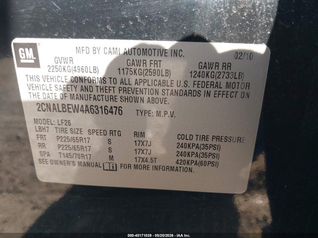 Продажа на аукционе авто 2010 Chevrolet Equinox Ls, vin: 2CNALBEW4A6316476, номер лота: 45171039