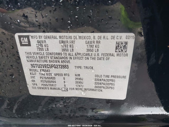 Продаж на аукціоні авто 2015 Gmc Sierra 1500 Slt, vin: 3GTU2VEC5FG272883, номер лоту: 45171044