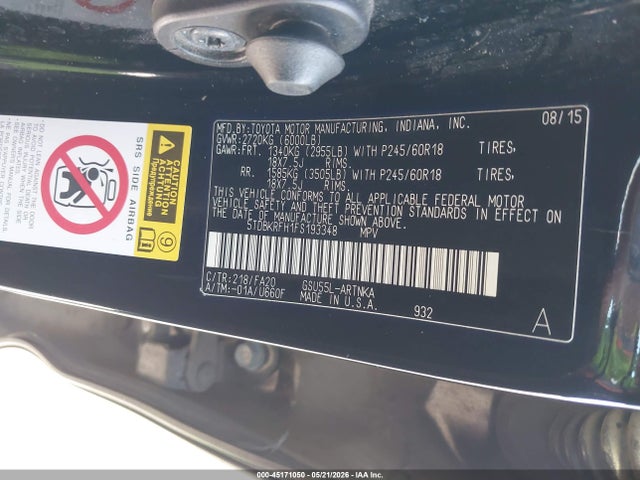 Toyota Highlander Le Plus V6 2015 5TDBKRFH1FS193348 Image 9