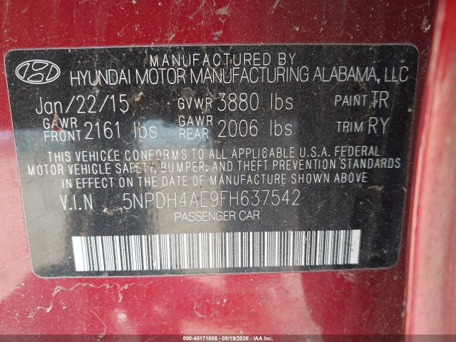 5NPDH4AE9FH637542 Hyundai ELANTRA SE