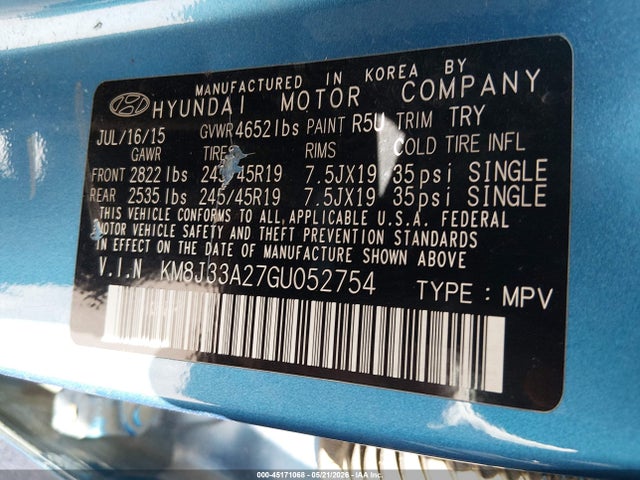KM8J33A27GU052754 Hyundai Tucson Limited