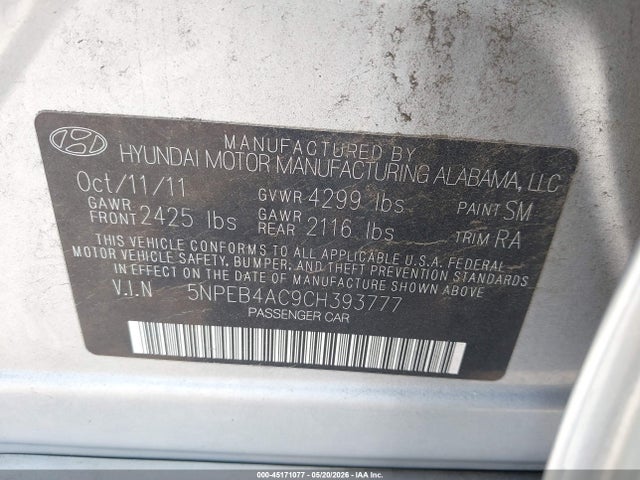 Aukcja sprzedaży 2012 Hyundai Sonata Gls, vin: 5NPEB4AC9CH393777, numer aukcji: 45171077