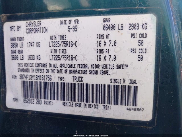 45171079 :رقم المزاد ، 3B7HF13Y1SM161756 vin ، 1995 Dodge Ram 1500 مزاد بيع