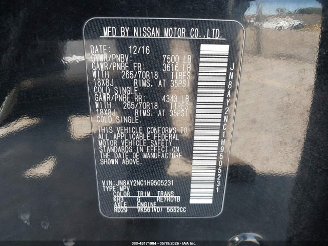 Aukcja sprzedaży 2017 Nissan Armada Sv, vin: JN8AY2NC1H9505231, numer aukcji: 45171084