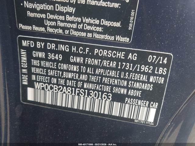 Продаж на аукціоні авто 2015 Porsche Boxster Gts/s, vin: WP0CB2A81FS130163, номер лоту: 45171086