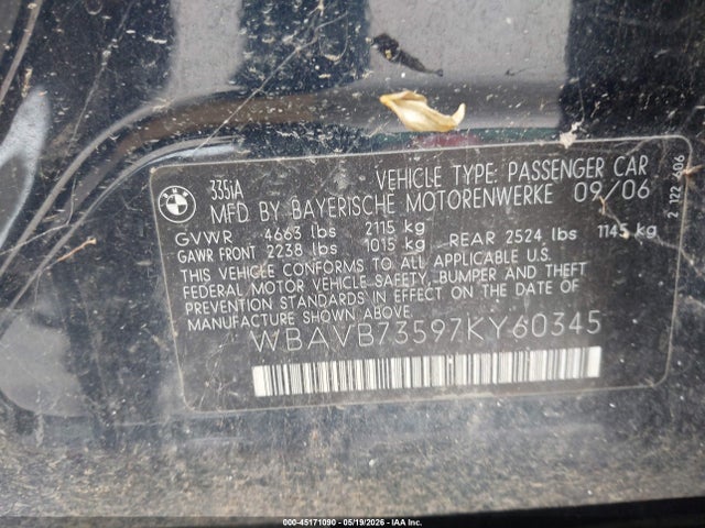 45171090 :رقم المزاد ، WBAVB73597KY60345 vin ، 2007 Bmw 335i مزاد بيع
