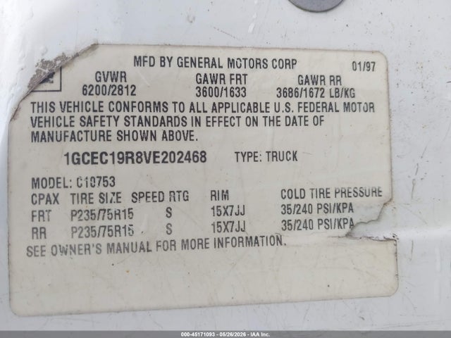 45171093 :رقم المزاد ، 1GCEC19R8VE202468 vin ، 1997 Chevrolet C1500 Fleetside مزاد بيع