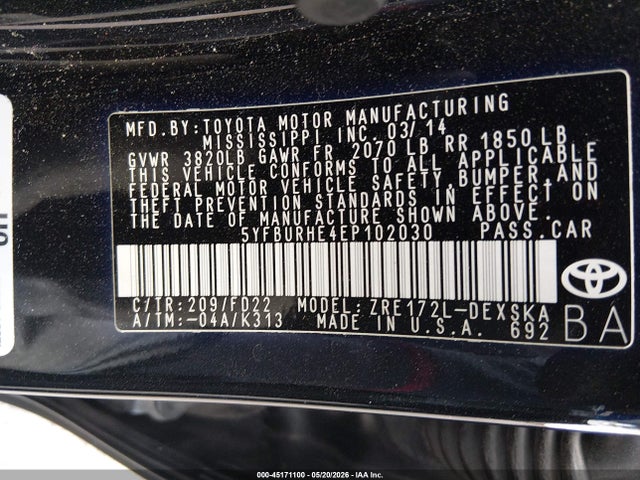 Auction sale of the 2014 Toyota Corolla S Plus, vin: 5YFBURHE4EP102030, lot number: 45171100