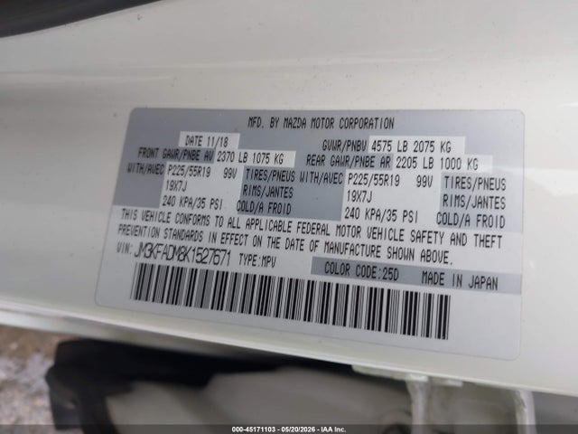 45171103 :رقم المزاد ، JM3KFADM8K1527671 vin ، 2019 Mazda Cx-5 Grand Touring مزاد بيع