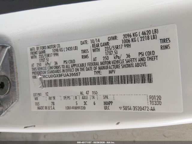 Продажа на аукционе авто 2015 Ford Escape Se, vin: 1FMCU0GX9FUA39557, номер лота: 45171107