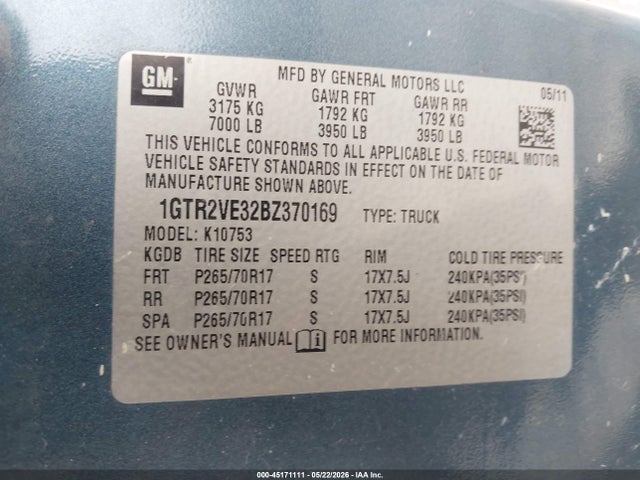 Aukcja sprzedaży 2011 Gmc Sierra 1500 Sle, vin: 1GTR2VE32BZ370169, numer aukcji: 45171111