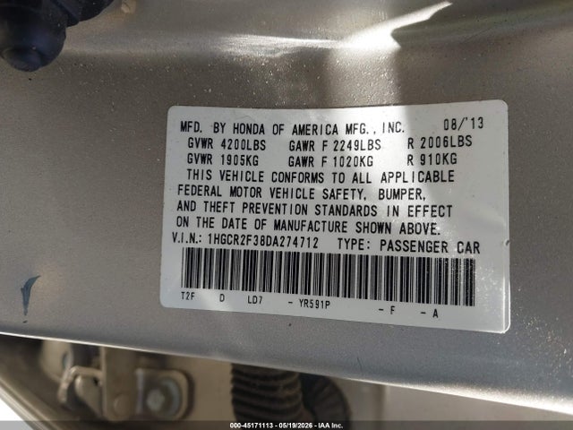 Aukcja sprzedaży 2013 Honda Accord Lx, vin: 1HGCR2F38DA274712, numer aukcji: 45171113