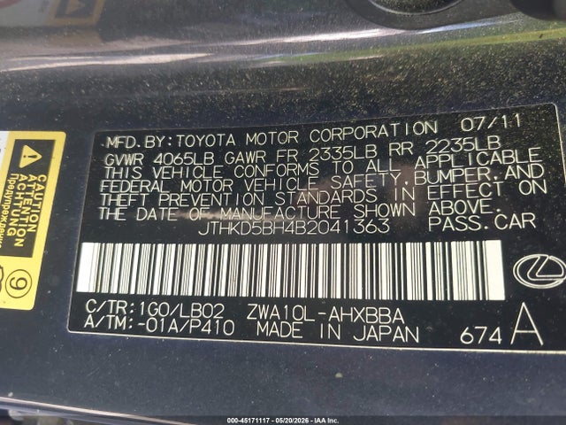 45171117 :رقم المزاد ، JTHKD5BH4B2041363 vin ، 2011 Lexus Ct 200h Premium مزاد بيع