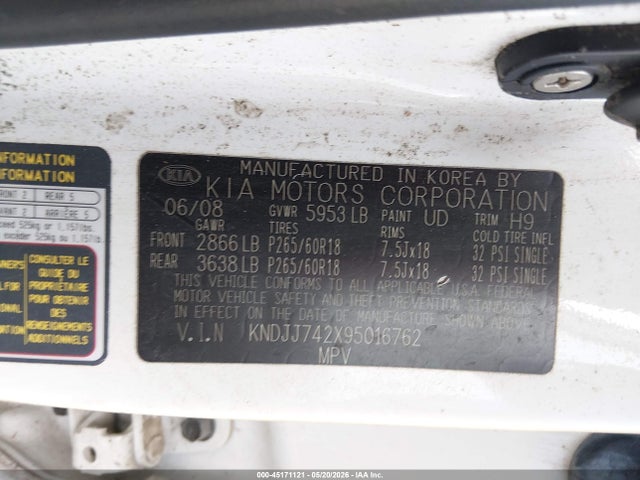 45171121 :رقم المزاد ، KNDJJ742X95016762 vin ، 2009 Kia Borrego Ex V8 مزاد بيع